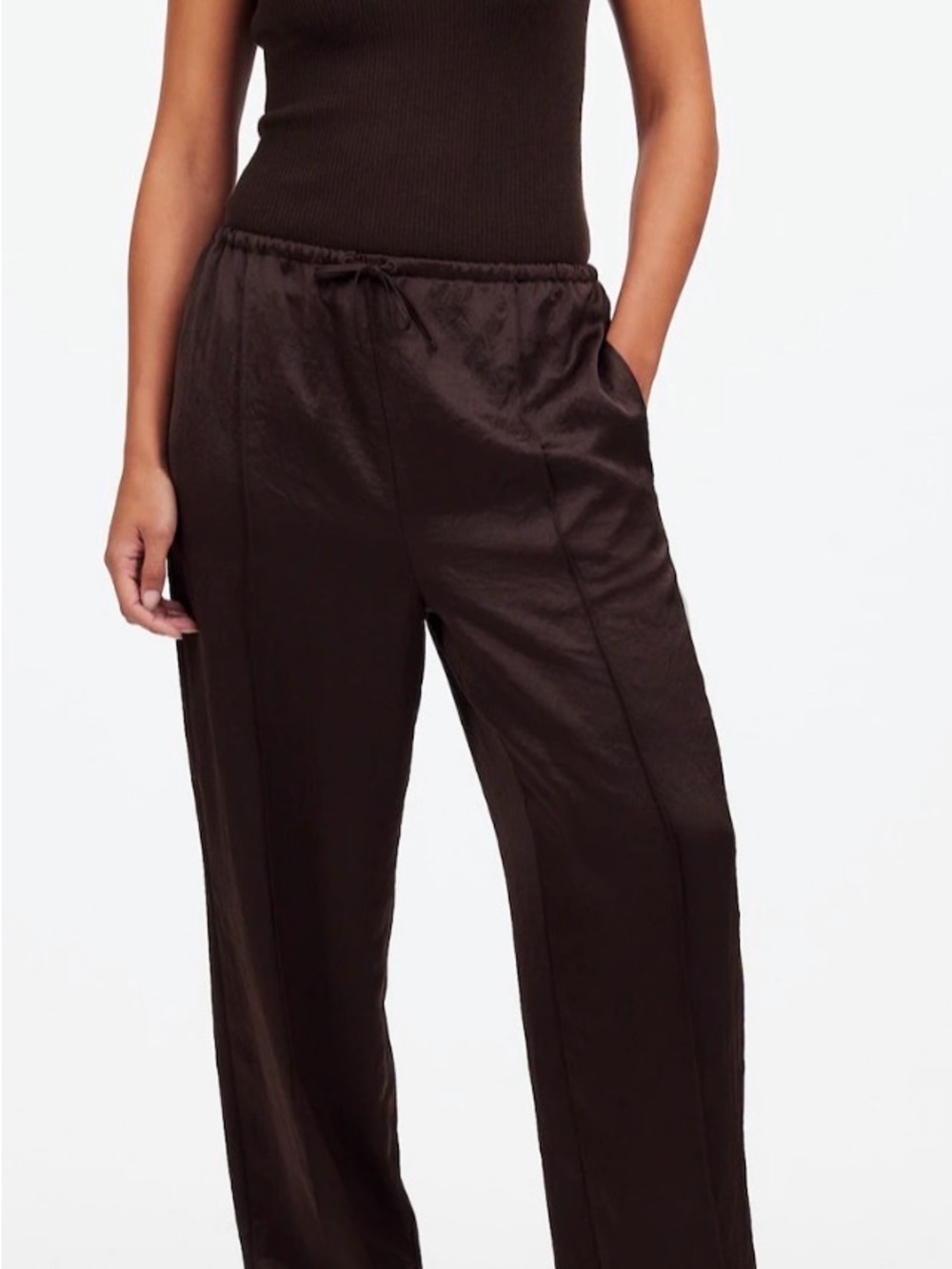 Madewell Satin Wide-Leg Pintucked Pants in Dark Brown